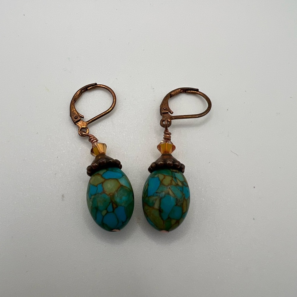 Vintage Turquoise Style Dangle Earrings | Copper Tone